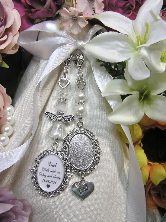 Walk always bridal bouquet guardian angel memory charm for Dad oval photo frame personalised dated verse named rhinestone heart